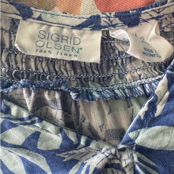 Sigrid Olsen 100% Linen Blue Botanical Long Sleeve Peasant Blouse Women's Large - Picture 10 of 10